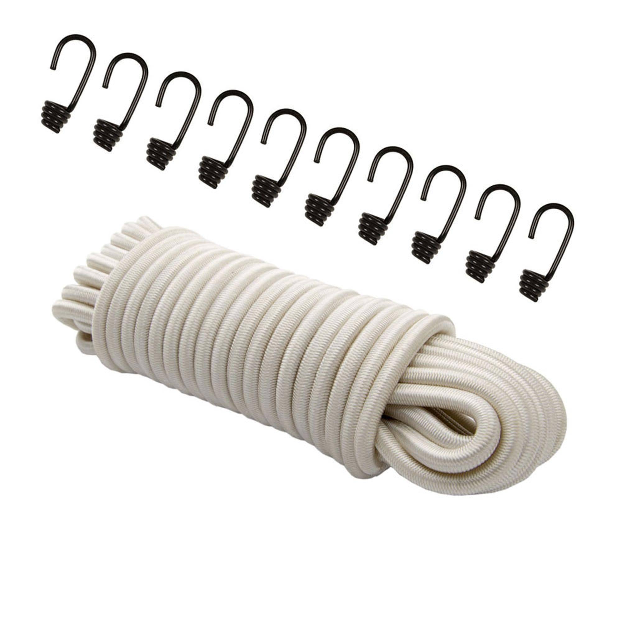 Dreamprint Expanderseil 30 m Weiß 10 mm Gummiseil Gummischnur Spannseil Planenseil elastisches Seil 10x Spiralhaken