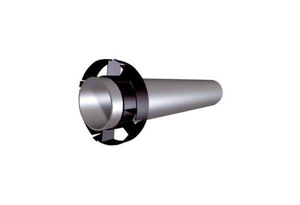 Ein silberner, zylindrischer Metallstift mit schwarzem Kunststoffring am Ende. Möglicherweise technisches oder maschinelles Teil.