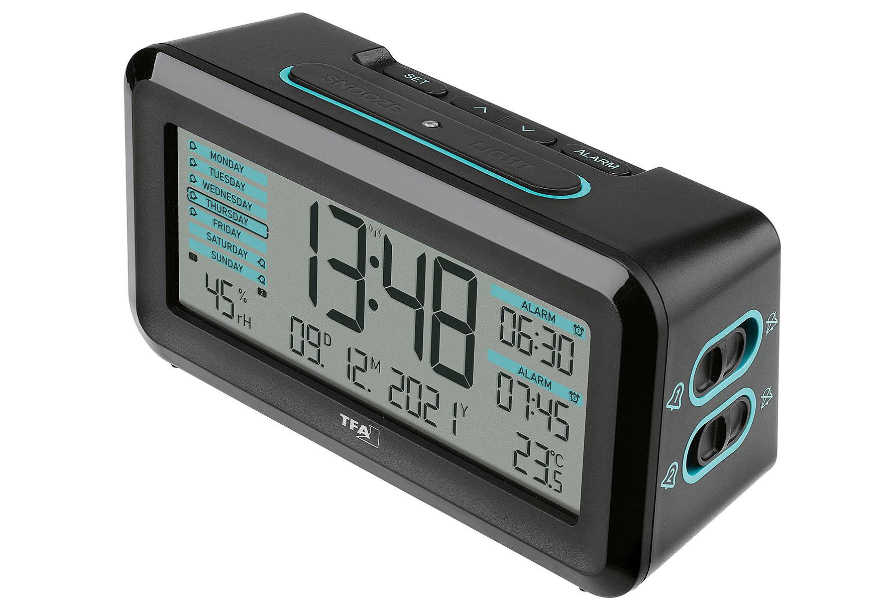 TFA Dostmann Digitaler Funk-Wecker BOXX2, 60.2562.01, deutsches Display, 2 Weckzeiten,