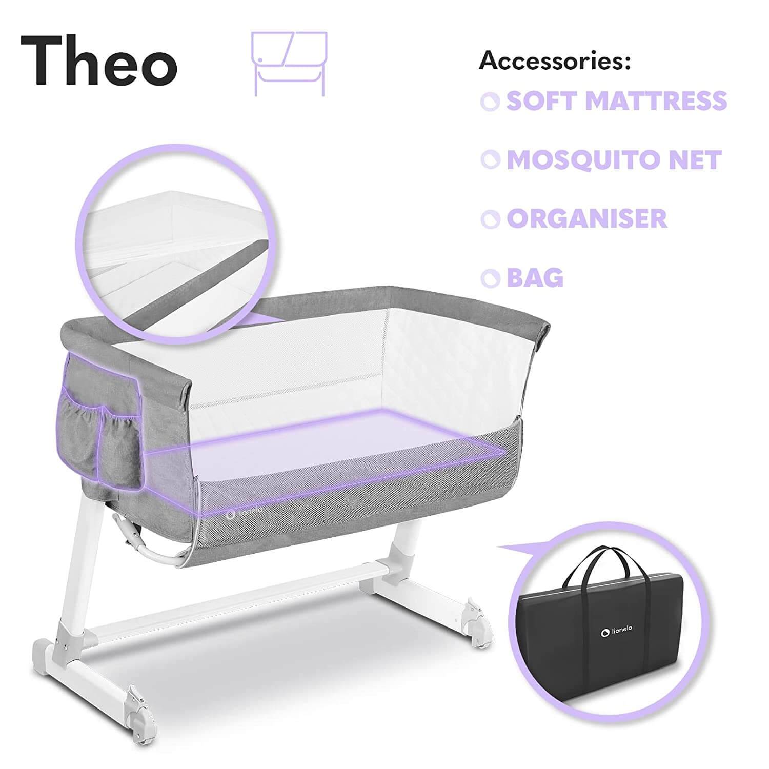 Lionelo Theo concrete Baby Beistellbett Kinderbett grau Babybett Zustellbett