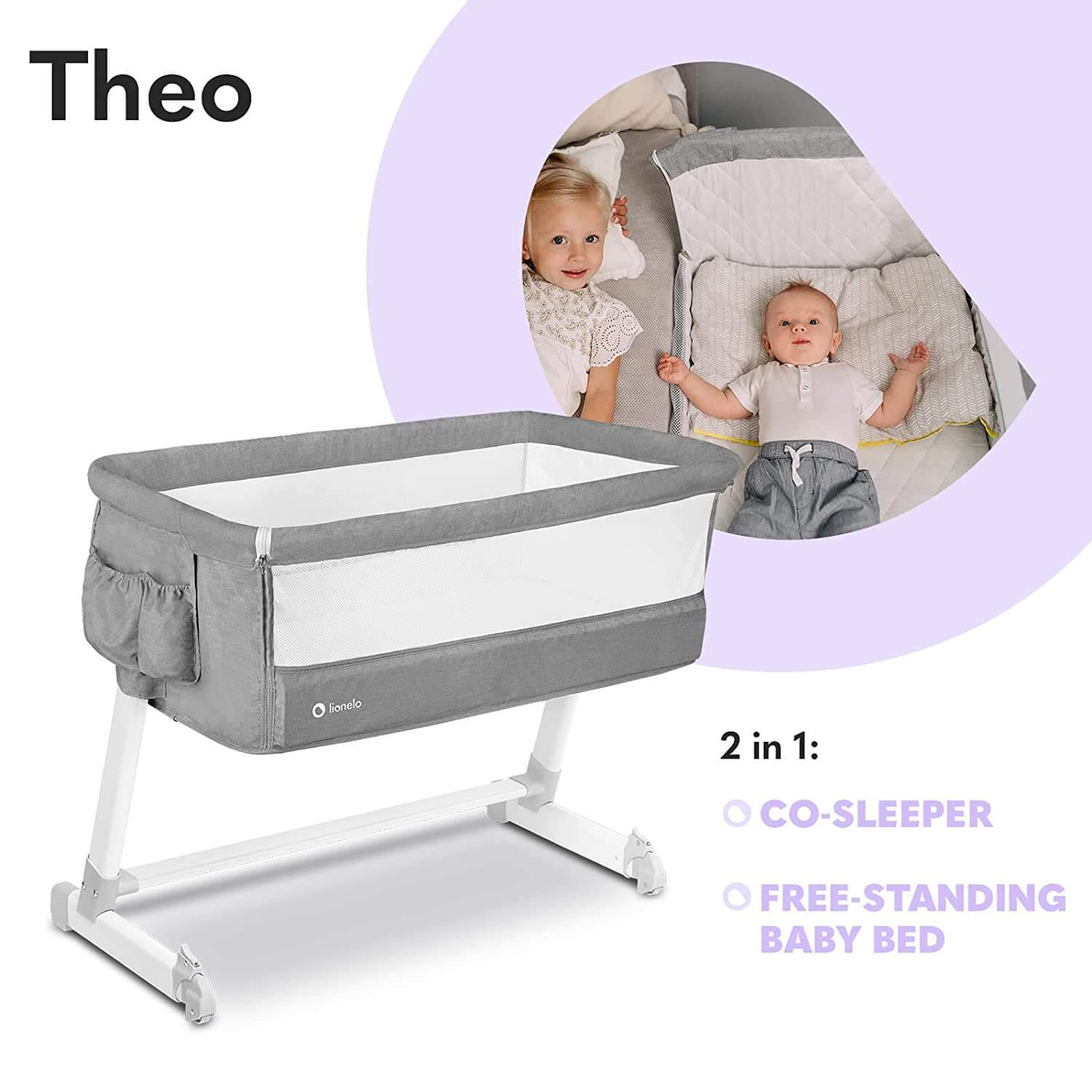 Lionelo Theo concrete Baby Beistellbett Kinderbett grau Babybett Zustellbett