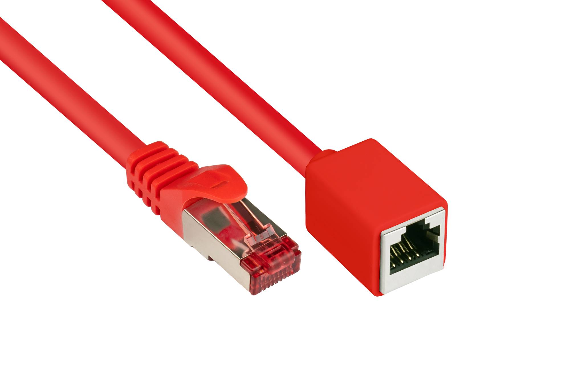 Good Connections® RNS® Patchkabelverlängerung mit Rastnasenschutz, Cat. 6, S/FTP, PiMF, PVC, 250MHz, OFC, CU, rot, 0,5m