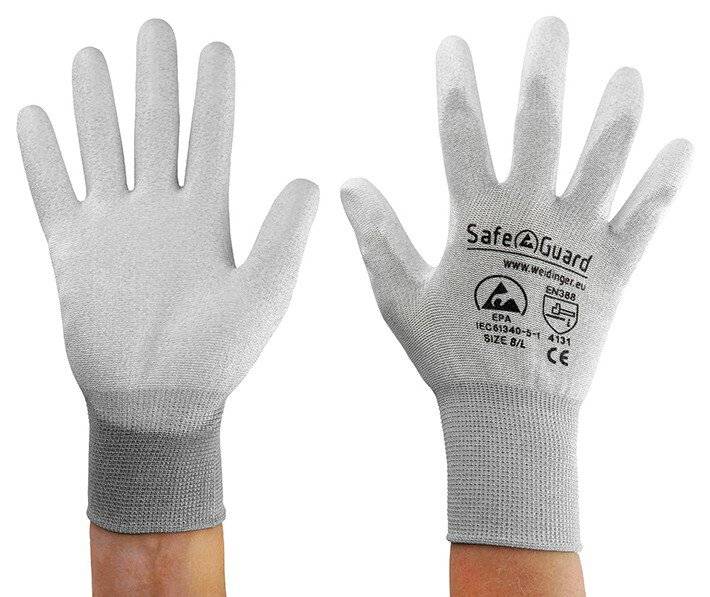 ESD-Handschuh, grau/hellgrau, beschichtete Handflächen, Nylon/Carbon, L