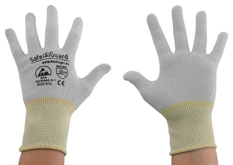 ESD-Handschuh, grau/gelb, ohne Beschichtung, Nylon/Carbon, XL