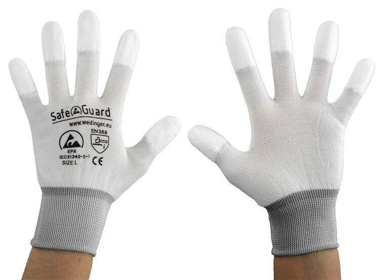 ESD-Handschuh, weiß/grau, beschichtete Fingerkuppen, L