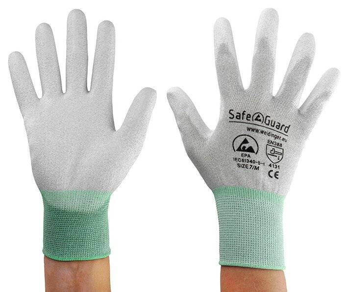 ESD-Handschuh, grau/türkis, beschichtete Handflächen, Nylon/Carbon, M