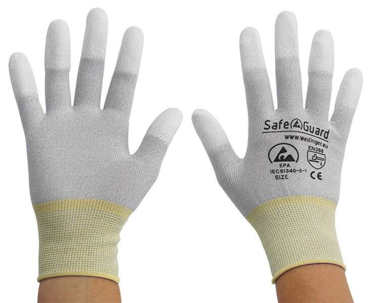ESD-Handschuh, grau/gelb, beschichtete Fingerkuppen, Nylon/Carbon, XL