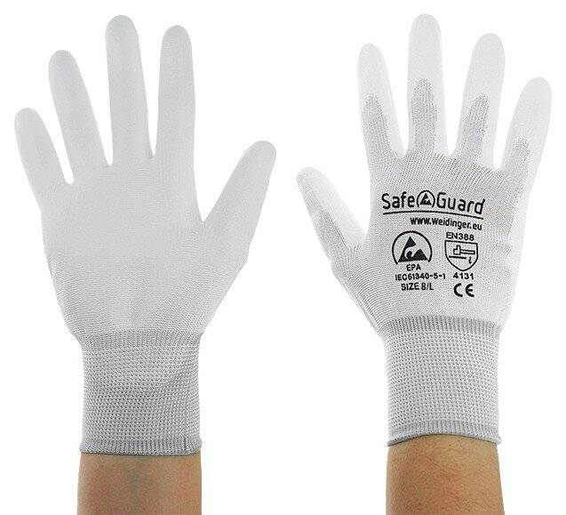 ESD-Handschuh, weiß/hellgrau, beschichtete Handflächen, Nylon/, L