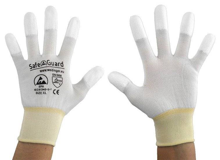 ESD-Handschuh, weiß/gelb, beschichtete Fingerkuppen, XL
