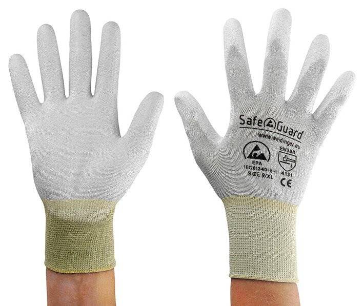 ESD-Handschuh, grau/gelb, beschichtete Handflächen, Nylon/Carbon, XL