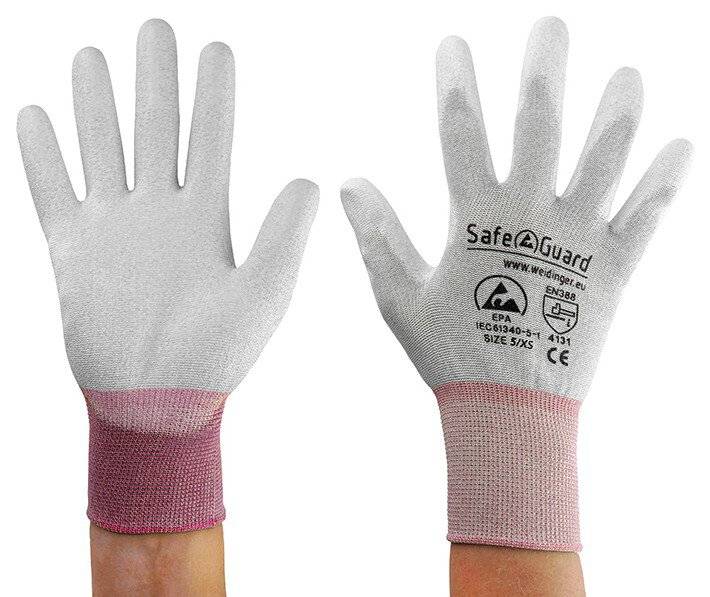 ESD-Handschuh, grau/beere, beschichtete Handflächen, Nylon/Carbon, XS