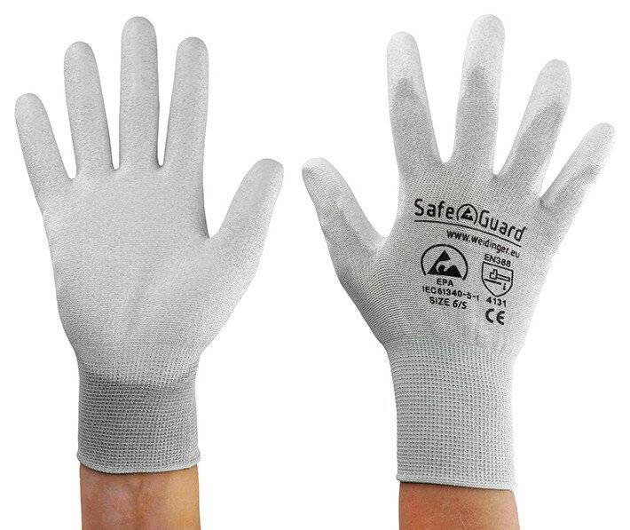 ESD-Handschuh, grau/weiß, beschichtete Handflächen, Nylon/Carbon, S