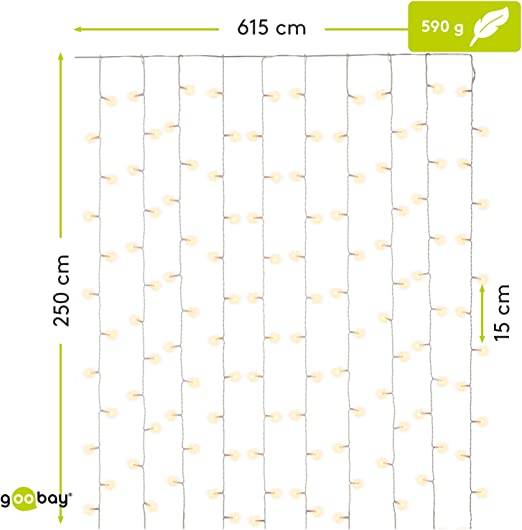 Goobay 57942 LED-Lichtervorhang 300 warmweiße LEDs Lichterkette mit Timer 8 Modi Lichterkettenvorhang dimmbar Außentrafo
