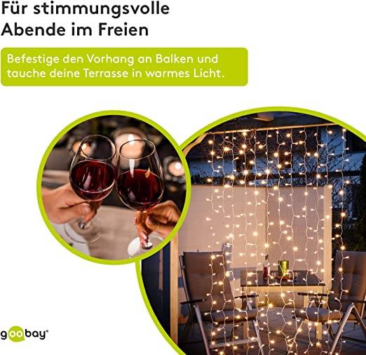 Goobay 57942 LED-Lichtervorhang 300 warmweiße LEDs Lichterkette mit Timer 8 Modi Lichterkettenvorhang dimmbar Außentrafo