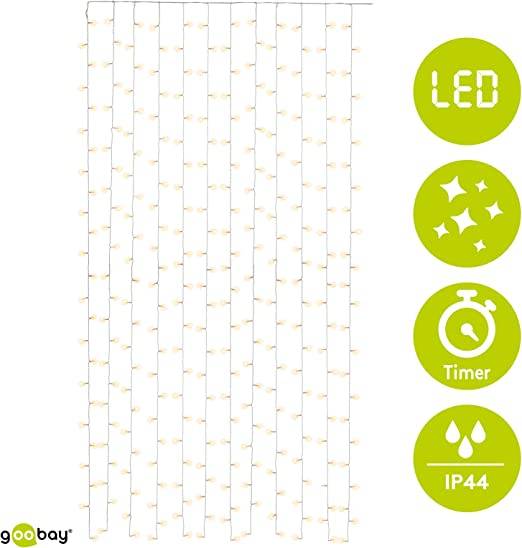 Goobay 57942 LED-Lichtervorhang 300 warmweiße LEDs Lichterkette mit Timer 8 Modi Lichterkettenvorhang dimmbar Außentrafo
