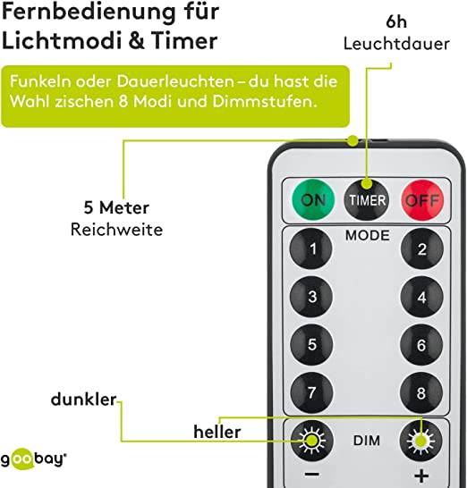 Goobay 57942 LED-Lichtervorhang 300 warmweiße LEDs Lichterkette mit Timer 8 Modi Lichterkettenvorhang dimmbar Außentrafo
