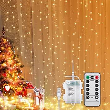 Goobay 57943 LED-Lichtervorhang 300 warmweiße LEDs Lichterkette Timer 8 Modi Lichterkettenvorhang dimmbar USB & Batterie