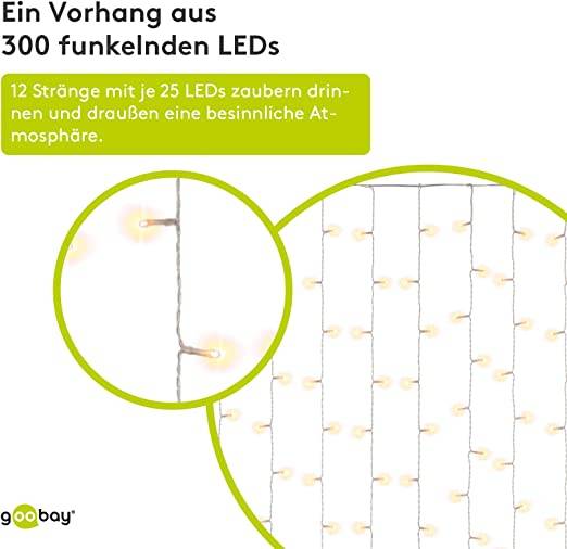 Goobay 57943 LED-Lichtervorhang 300 warmweiße LEDs Lichterkette Timer 8 Modi Lichterkettenvorhang dimmbar USB & Batterie