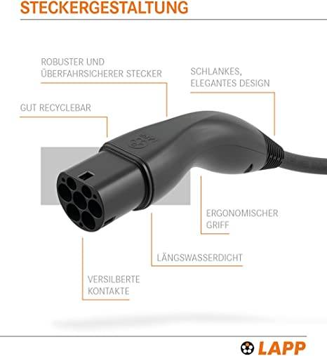 61780 LAPP Mobility Typ 2 Ladekabel für Hybrid & Elektroauto Mode 3 Kabel Typ 2 Stecker 7,4 kW 32A 1-phasig Schwarz 5m