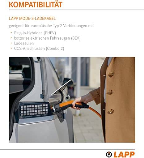 61785 LAPP Mobility Typ 2 Ladekabel für Hybrid & Elektroauto Mode 3 Kabel mit Typ 2 Stecker 11kW 20A 3-phasig Orange 5m