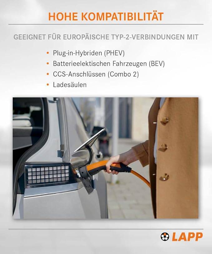 LAPP Mobility E-Auto Ladekabel Typ 2, 5 m , 11 kW, 20 A, 3-phasig Mode 3, IP55, orange