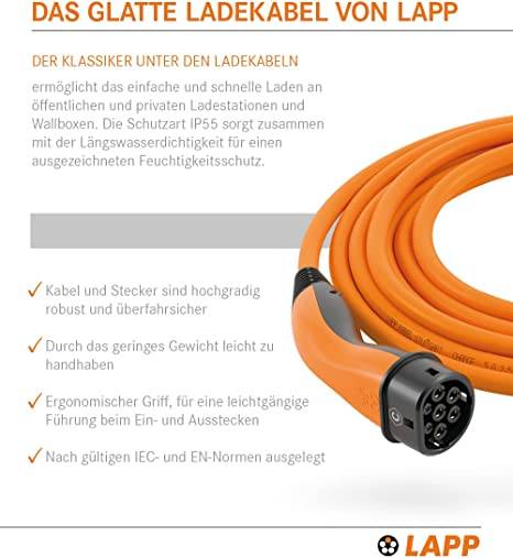 61785 LAPP Mobility Typ 2 Ladekabel für Hybrid & Elektroauto Mode 3 Kabel mit Typ 2 Stecker 11kW 20A 3-phasig Orange 5m