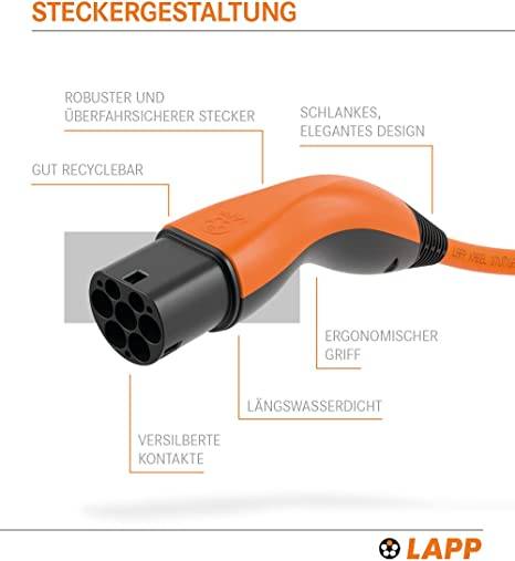 61785 LAPP Mobility Typ 2 Ladekabel für Hybrid & Elektroauto Mode 3 Kabel mit Typ 2 Stecker 11kW 20A 3-phasig Orange 5m