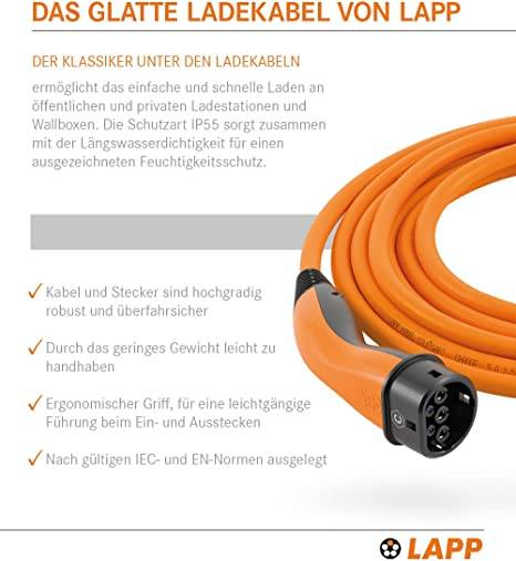 61786 LAPP Mobility Typ 2 Ladekabel für Hybrid & Elektroauto Mode 3 Kabel Typ 2 Stecker 7,4 kW 32A 1-phasig Orange 5m