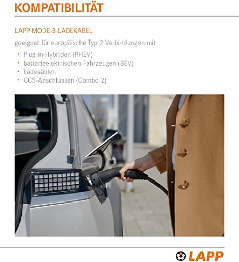 61783 LAPP Mobility Typ 2 Ladekabel für Hybrid & Elektroauto Mode 3 Kabel Typ 2 Stecker 7,4 kW 32A 1-phasig Schwarz 7m