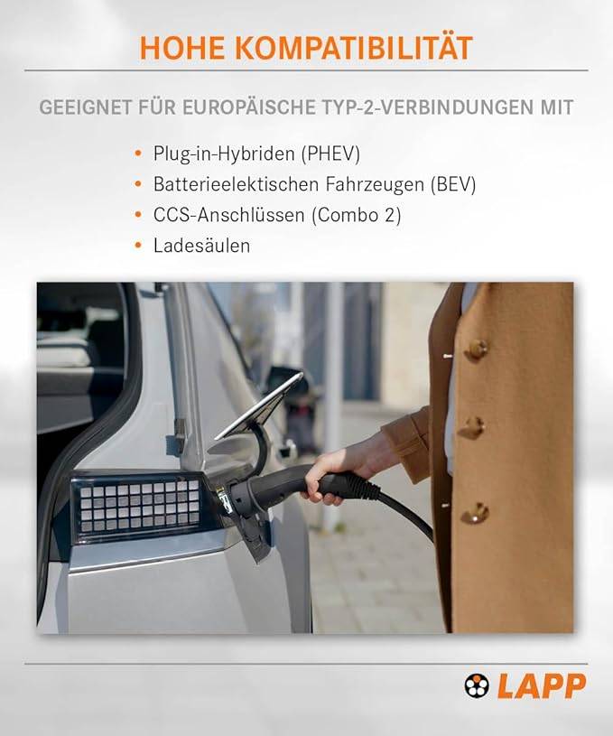 LAPP Mobility E-Auto Ladekabel Typ 2, 10 m, 22 kW, 32 A, 3-phasig Mode 3, IP55, schwarz