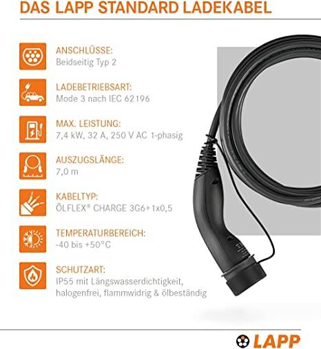 61783 LAPP Mobility Typ 2 Ladekabel für Hybrid & Elektroauto Mode 3 Kabel Typ 2 Stecker 7,4 kW 32A 1-phasig Schwarz 7m