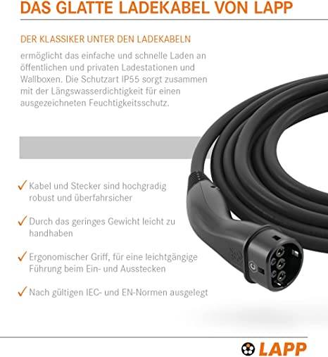 61783 LAPP Mobility Typ 2 Ladekabel für Hybrid & Elektroauto Mode 3 Kabel Typ 2 Stecker 7,4 kW 32A 1-phasig Schwarz 7m