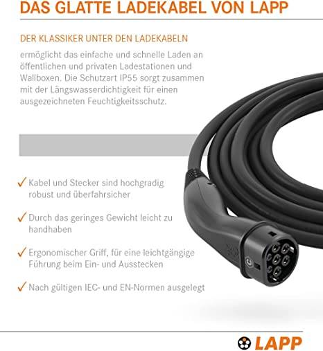 61779 LAPP Mobility Typ 2 Ladekabel für Hybrid & Elektroauto Mode 3 Kabel mit Typ 2 Stecker 11kW 20A 3-phasig Schwarz 5m