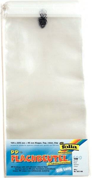 Flachbeutel aus PP, Stärke: 38 my, Format: DIN lang, Inhalt: 100 Stück.
