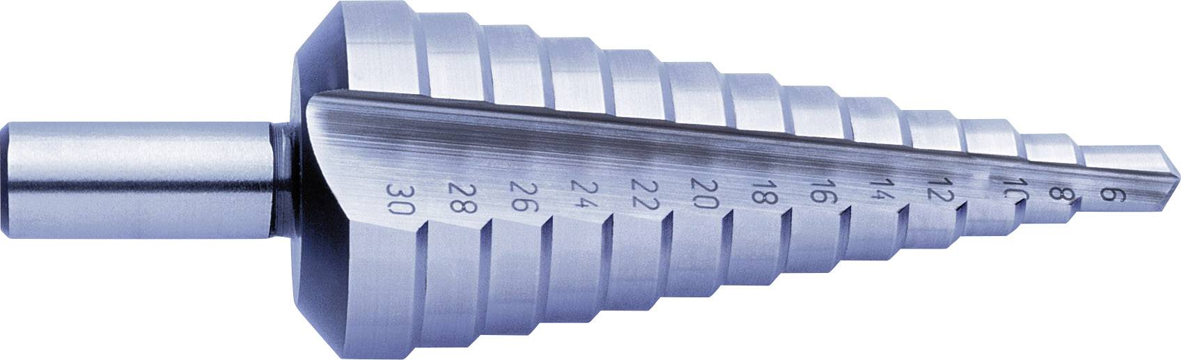 Ein silberner Stufenbohrer mit mehreren abgestuften Durchmessern von 4 bis 30 mm. Verwendet zum Bohren unterschiedlicher Lochgrößen.