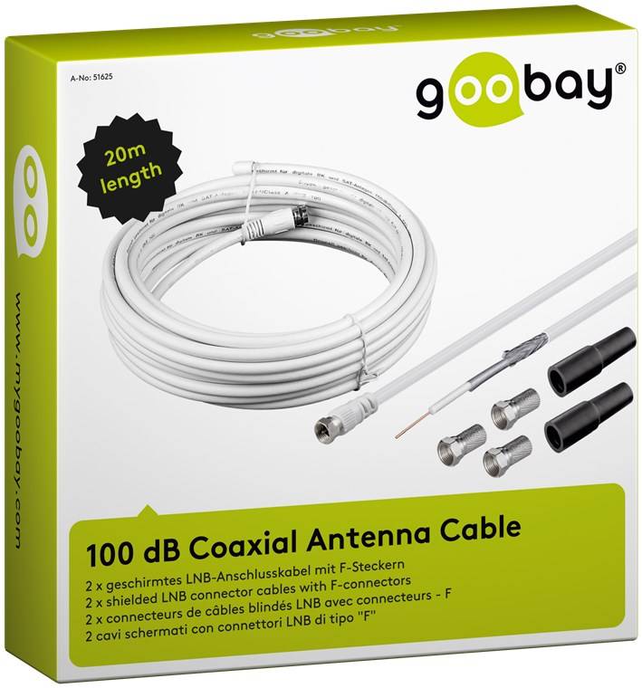GOOBAY SAT-Anschlusskit 100dB, 20 m, 4 F-Stecker, 2 Wasserschutztüllen