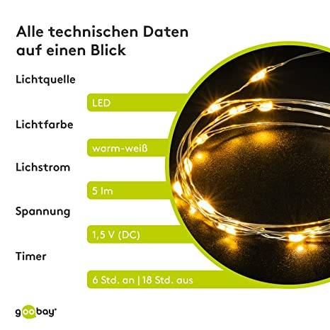 Goobay 66736 LED Micro-Lichterkette mit 20 warmweißen LEDs Timer 5 lm Mini Lichterkette, Drahtlichterkette mit Batterie