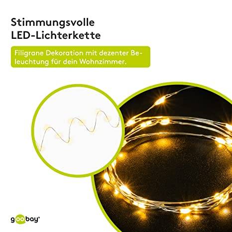 Goobay 66736 LED Micro-Lichterkette mit 20 warmweißen LEDs Timer 5 lm Mini Lichterkette, Drahtlichterkette mit Batterie