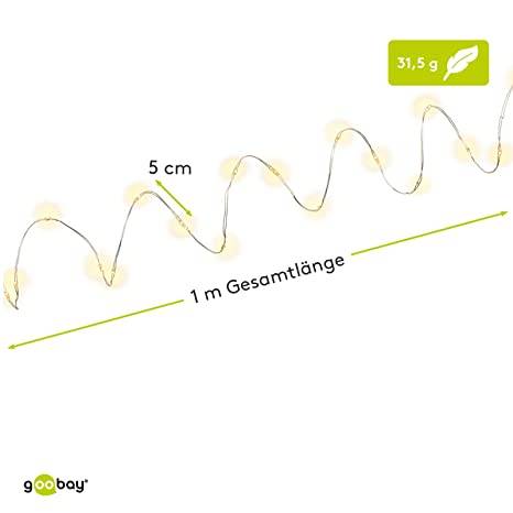 Goobay 66736 LED Micro-Lichterkette mit 20 warmweißen LEDs Timer 5 lm Mini Lichterkette, Drahtlichterkette mit Batterie