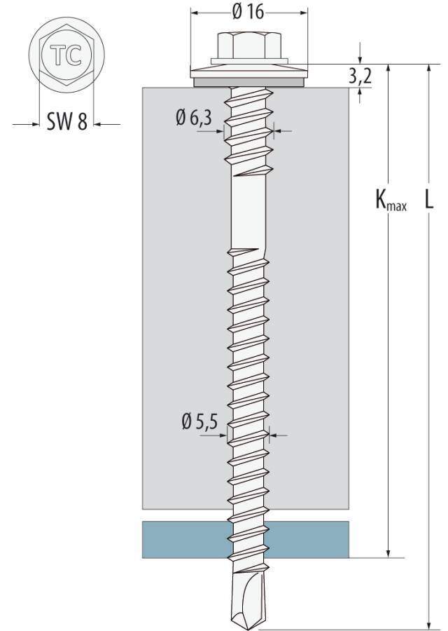 MFI 6knt-Bohrschraube 5,5/6,3x130 D16 BL 5,0mm SW8 1.4301 A2 VE100 298HT55X130,