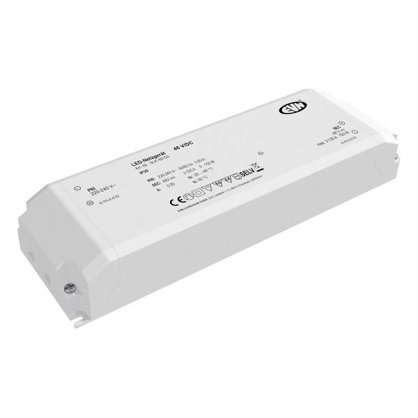 Rechteckiger LED-Treiber mit Markenlogo, technischen Spezifikationen und Sicherheitskennzeichen auf der Oberseite.