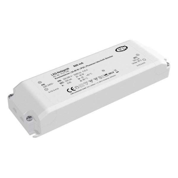 Ein rechteckiger LED-Treiber mit Spezifikationen und CE-Zeichen oben, zur Stromversorgung von LEDs, liegt auf einer weißen Fläche.