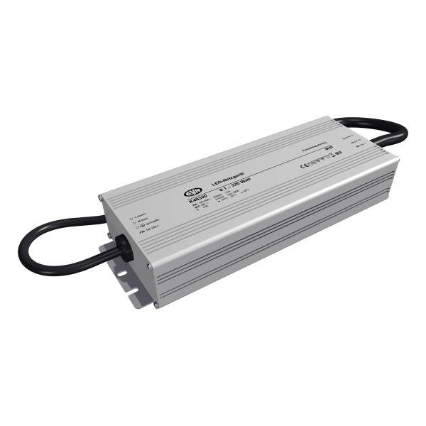 Ein rechteckiger LED-Treiber mit silbernem Gehäuse, aufgedruckter technischer Information und schwarzen Kabeln an beiden Enden.