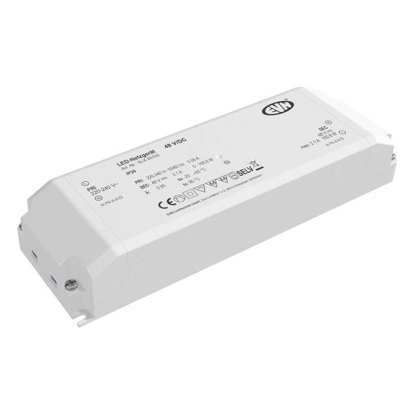 Rechteckiger LED-Treiber in weißem Gehäuse mit CE-Kennzeichnung. Geeignet für 48 VDC und 30-60W. Markenlogo oben rechts.