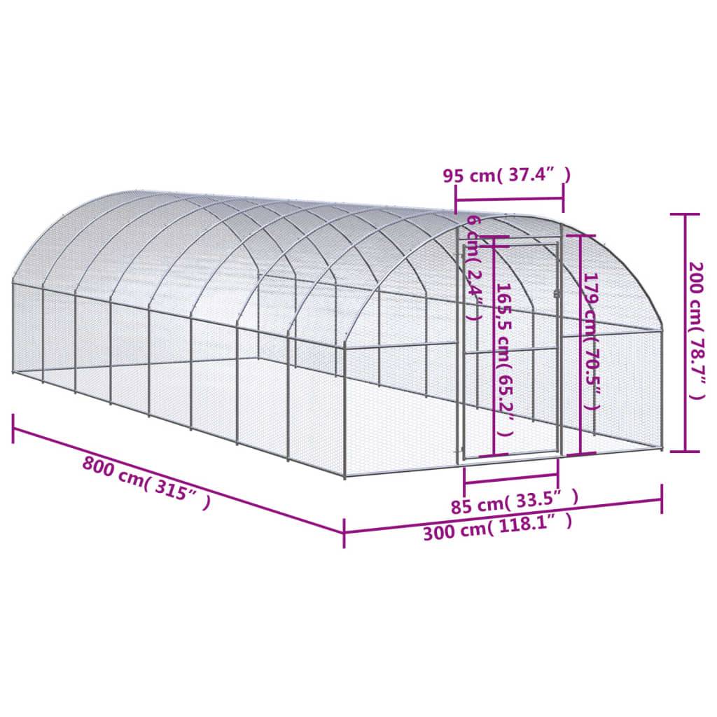 vidaXL Outdoor-Hühnerstall 3x8x2 m Verzinkter Stahl