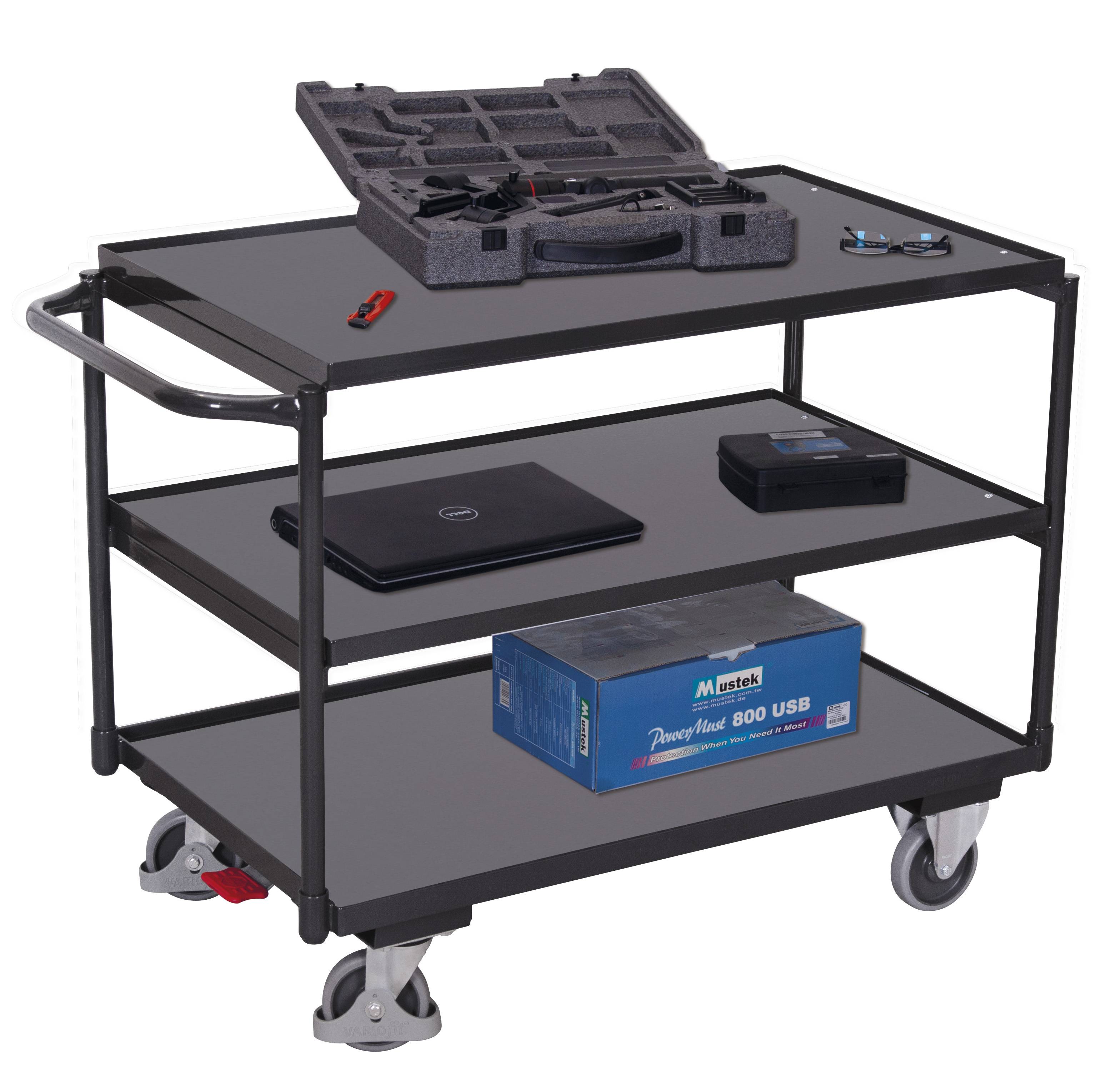 VARIOfit Tischwagen mit Schiebegriff und 3 Ladeflächen 835x495mm Anthrazitgrau