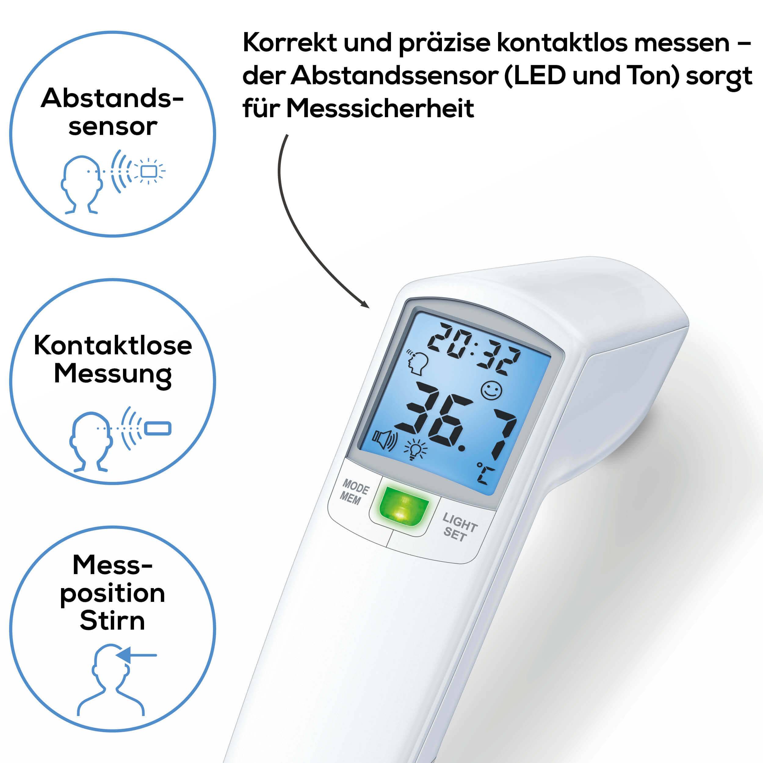 Beurer FT100 Fieberthermometer Mit Fieberalarm, Mit LED Beleuchtung, Berührungsloses messen