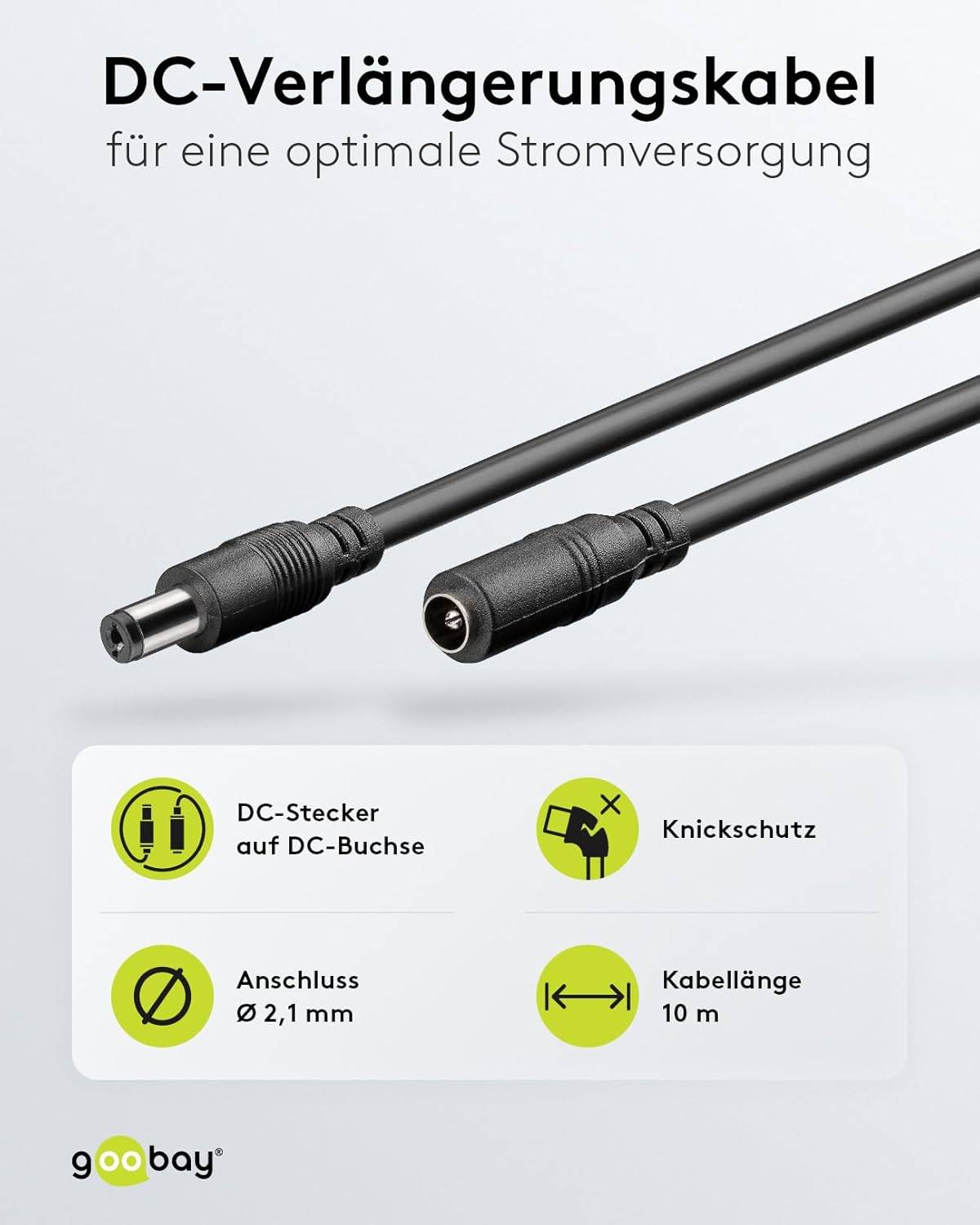 Goobay 71400 DC Netzkabel Verlängerungskabel 12V Netzteil DC-Stecker auf DC-Buchse 5,50 x 2,10 mm Stromkabel Schwarz 10m