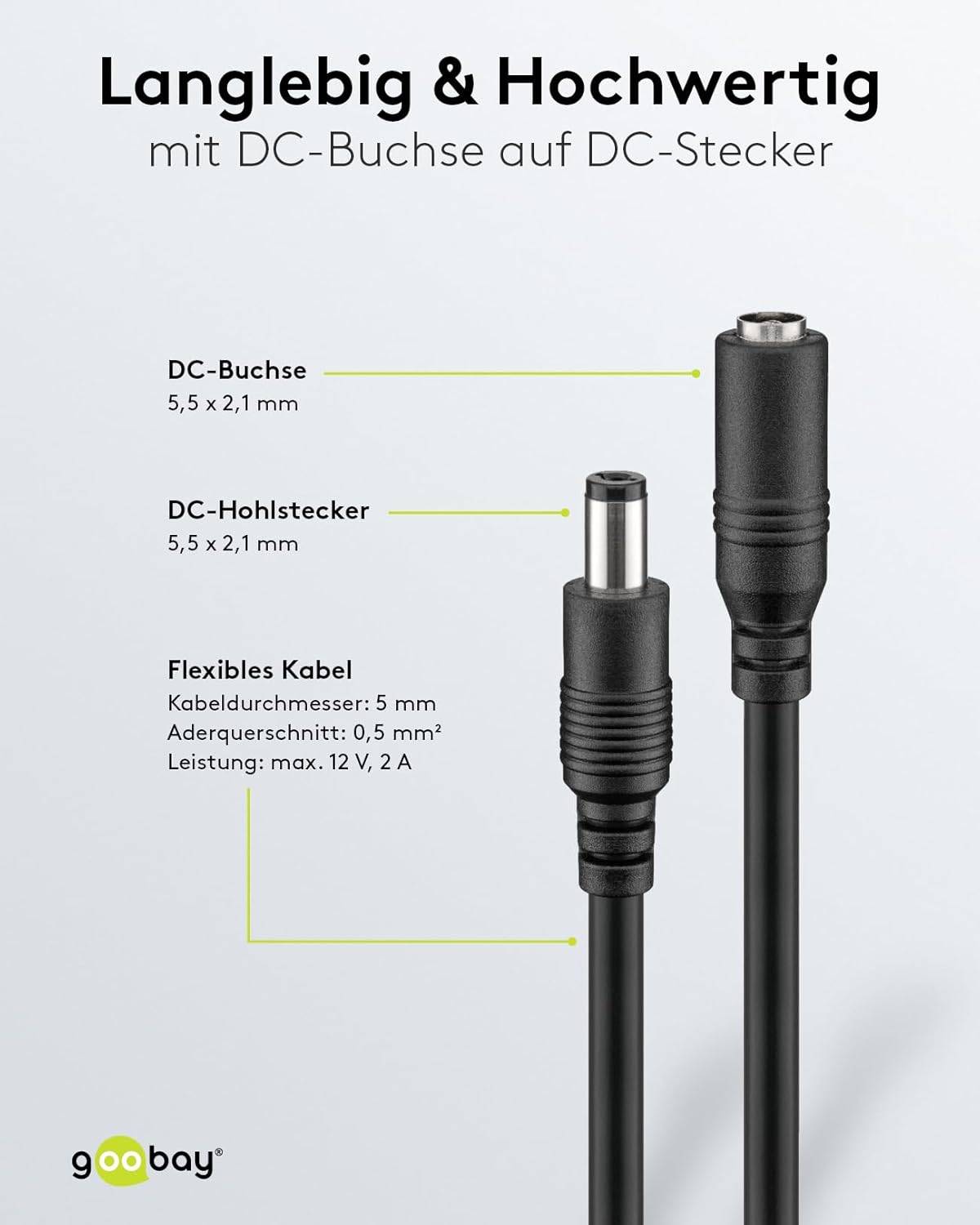 Goobay 71400 DC Netzkabel Verlängerungskabel 12V Netzteil DC-Stecker auf DC-Buchse 5,50 x 2,10 mm Stromkabel Schwarz 10m