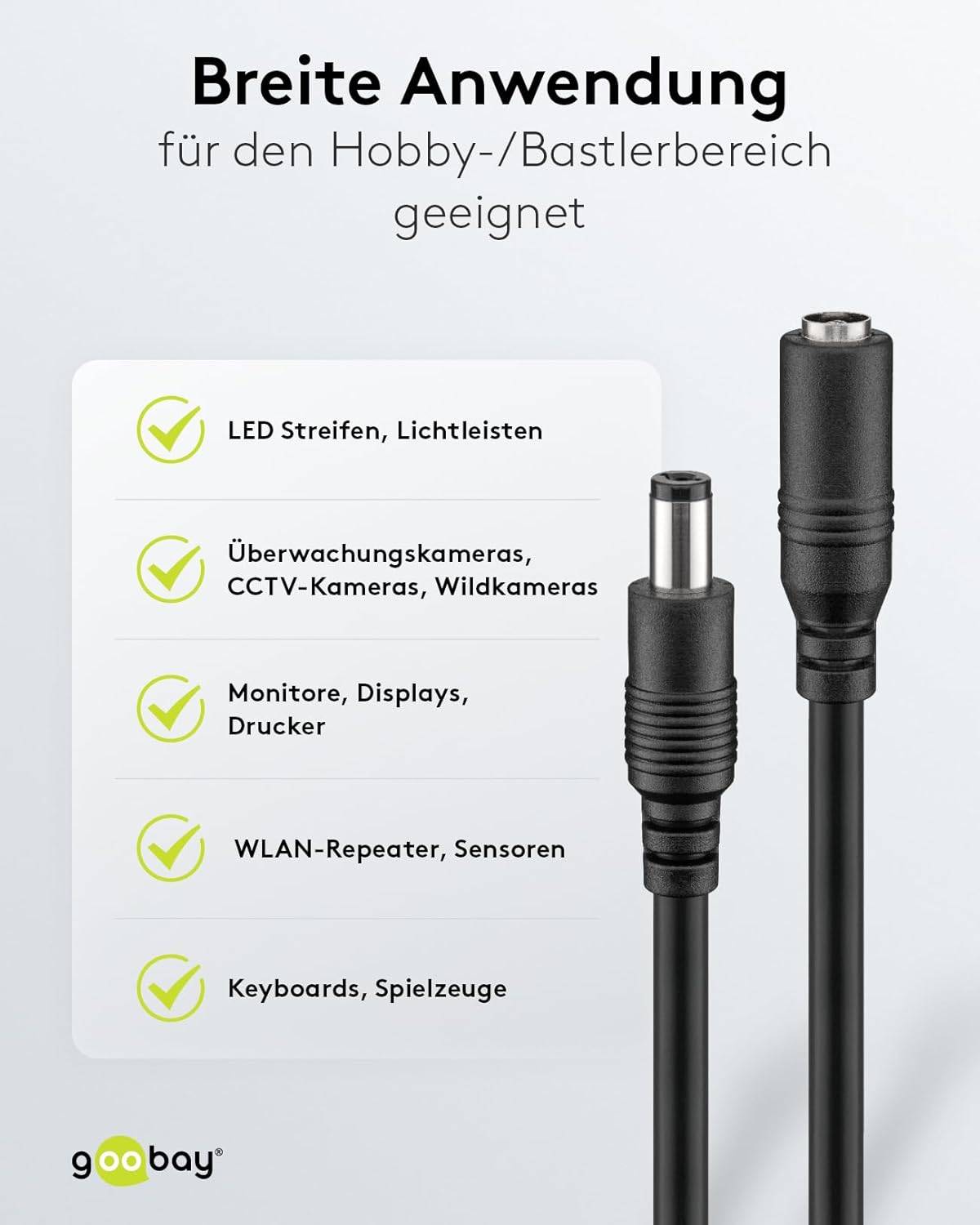 Goobay 71400 DC Netzkabel Verlängerungskabel 12V Netzteil DC-Stecker auf DC-Buchse 5,50 x 2,10 mm Stromkabel Schwarz 10m